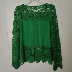 Peasant Blouse sheer chiffon lace green bell sleeves flowy